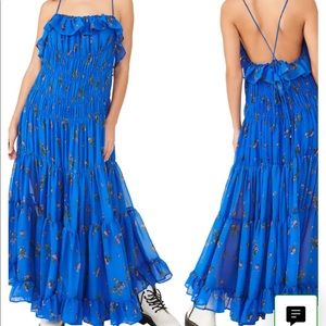 Free people dress maxi floral blue open back ruffled accents size S NWT